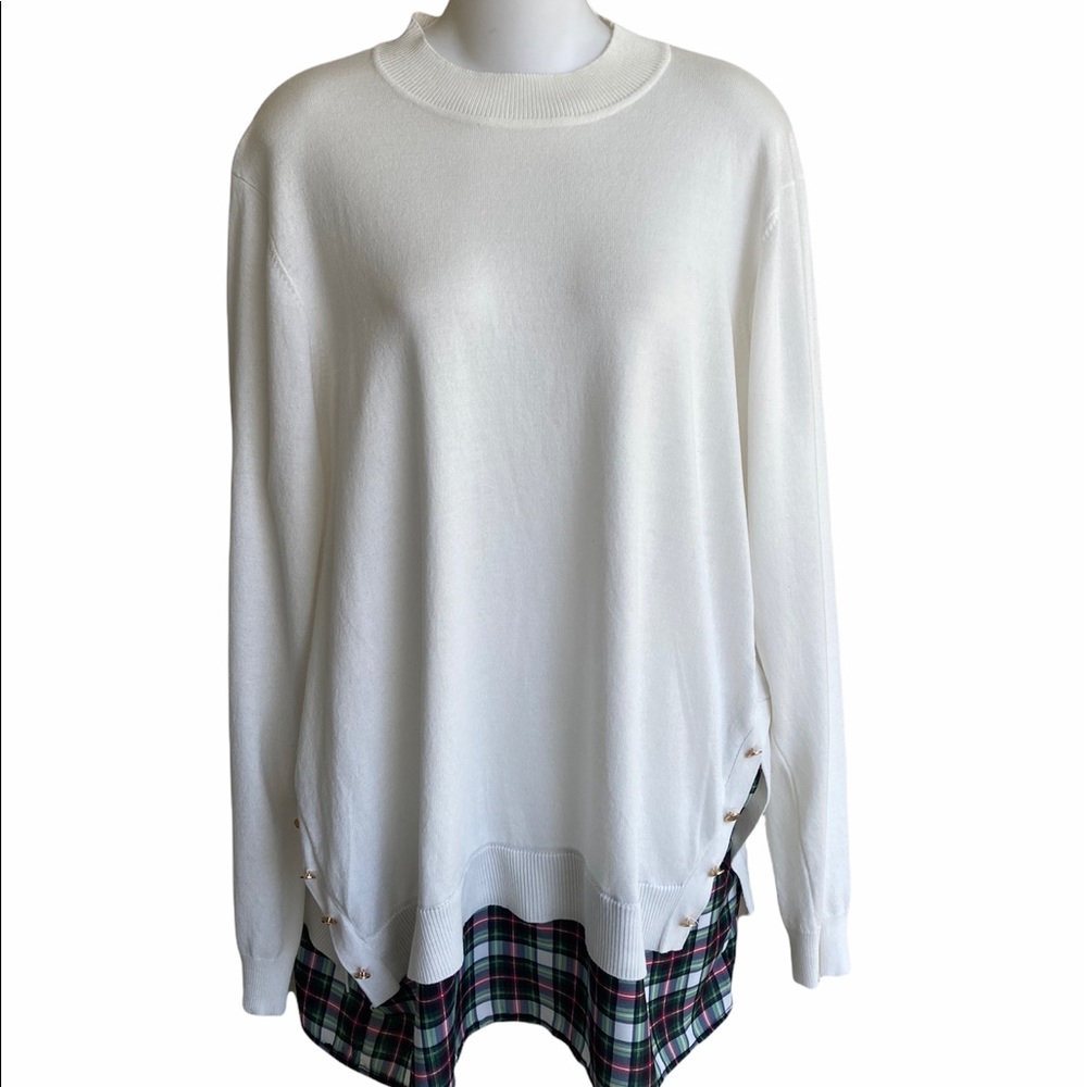 NWT Kim Rogers 2 for Sweater Shirt Combo Cream Plaid Large